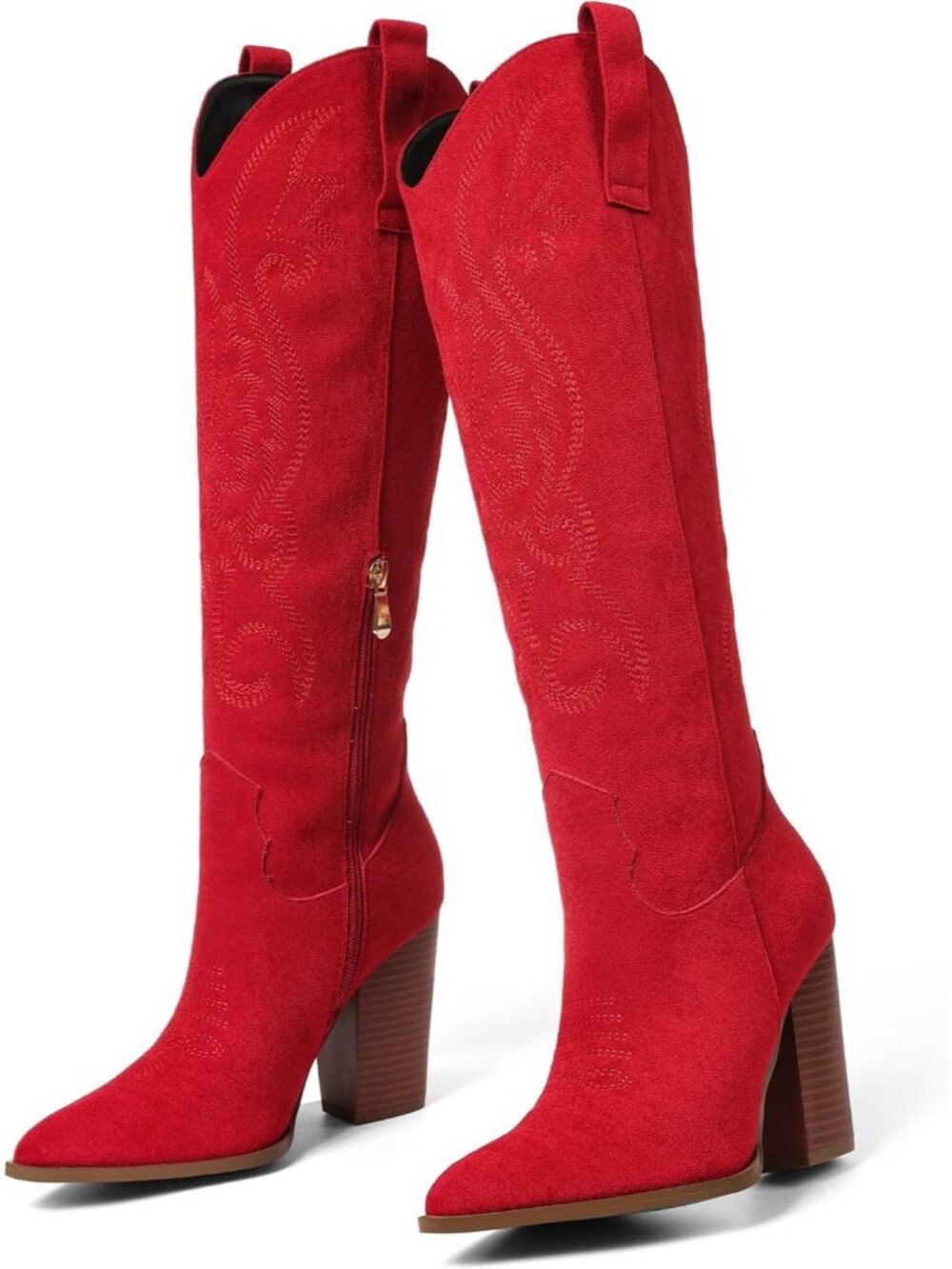 Women' Red Leather Pull-on Pointed Toe Western Cowgirl Cowboy Knee High Boots - Picture 6 of 6